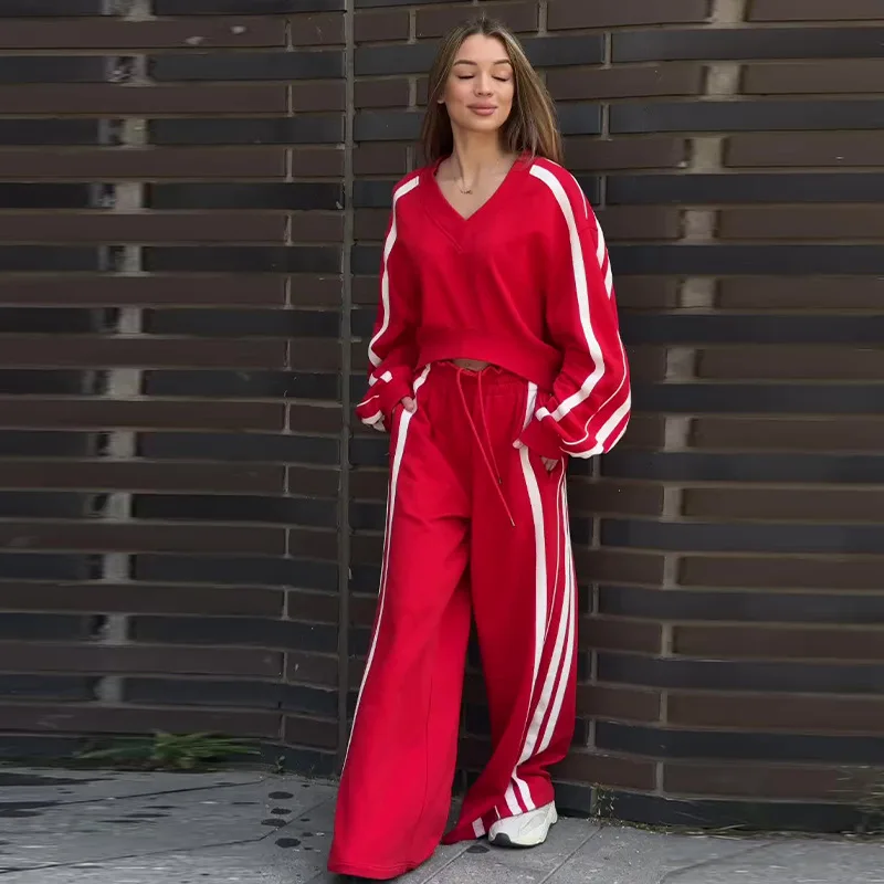 

Women Two Piece Pant Sets Striped Sweatshirts Loose V Neck Tops Sporty Tracksuit Autumn Wide Leg Pants Drawstring Casual