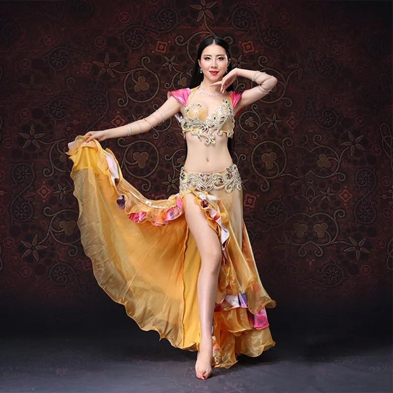 Women\'s Belly Dance Costume With Push Up Bra 2 Pieces Bra Belt Oriental Dance Costume Golden S-XL