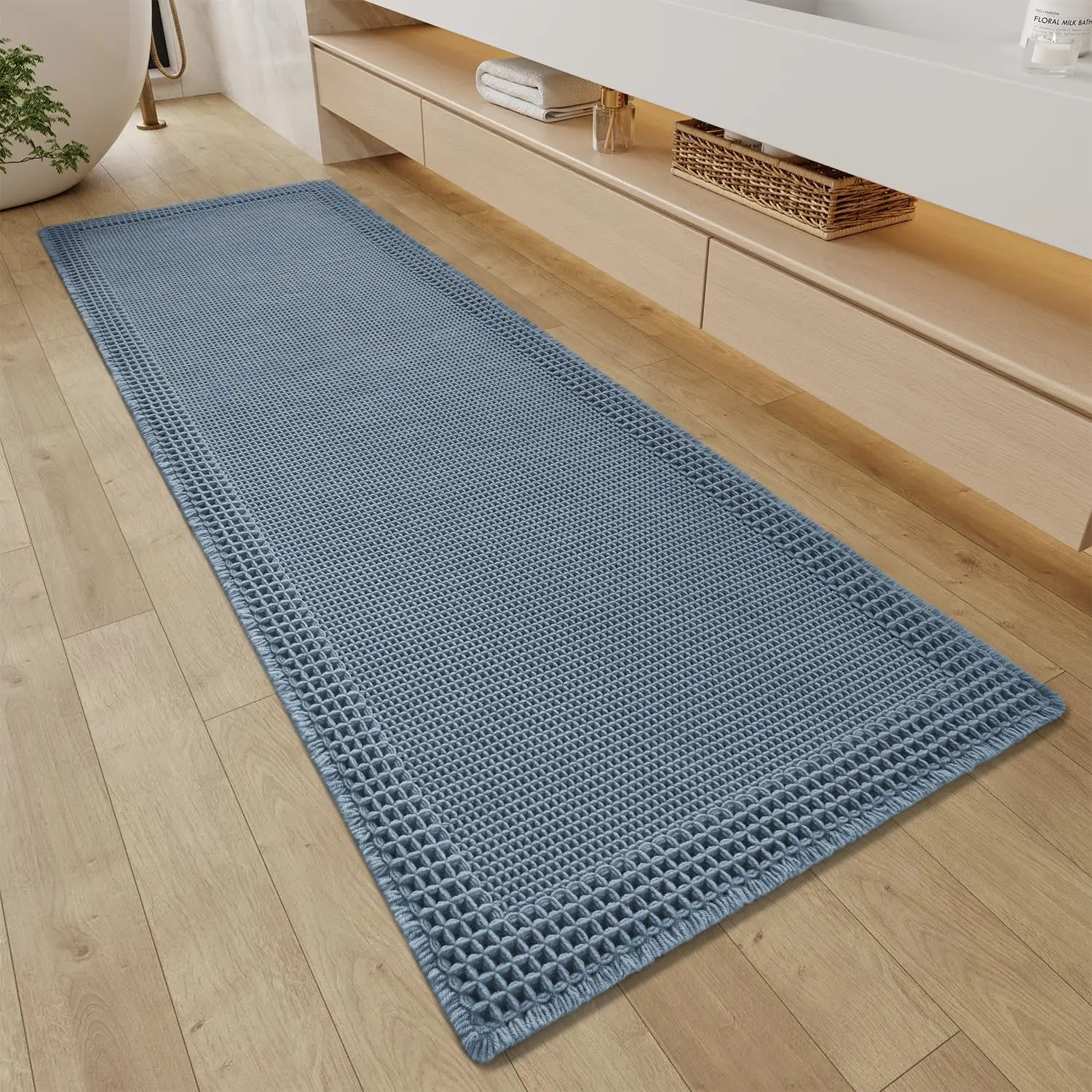 

Waffle Bathroom Runner Rugs, Super Absorbent Bath Mat Non Slip Washable Quick Dry, Upgraded Ultra Soft Boho Bath Rugs w