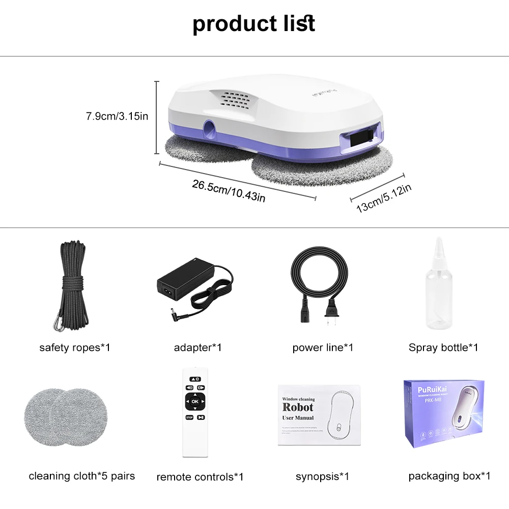 PuRuiKai Robot per la pulizia delle finestre automatico con doppio spruzzo automatico 5600Pa Rilevamento dei bordi del telecomando di aspirazione per la casa