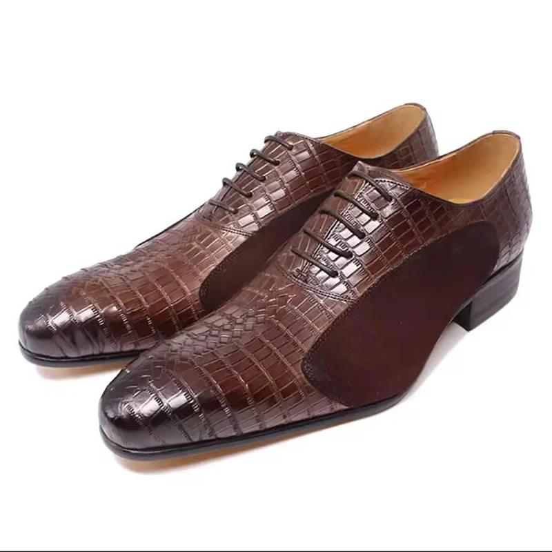 New Fashion Oxford Shoes Men Dress Shoes Lace-up Pointed Toe Office Genuine Leather Pattern Splicing  Shoes  for Men