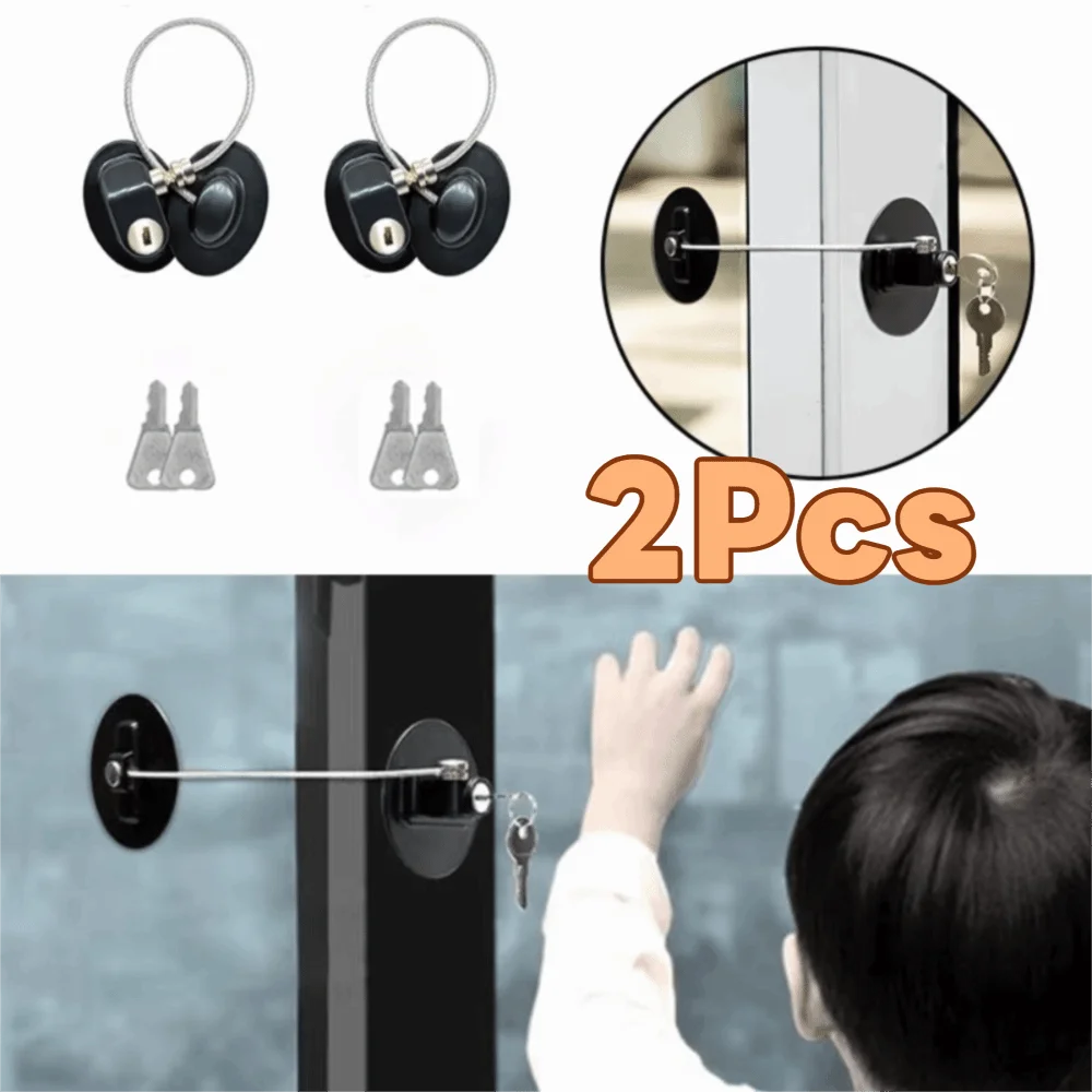 2Pcs Self Adhesive Children Safety Lock with Key No Drilling Window Security Lock Steel Wire Lock Rope Wear-resistant