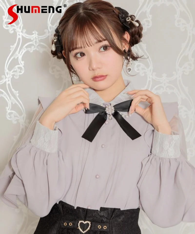 

2023 Fall New Blouse Japanese Sweet Girly Lolita Fashion Women's New Cute Graceful Pearl Collar Long Sleeve Shirts and Tops