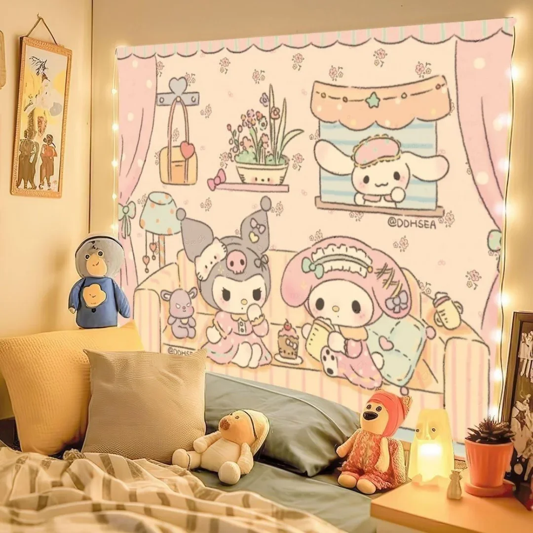 Sanrio Mikko Niedlicher Cartoon-Hintergrundstoff im Ins-Stil, Raumdekoration, Wandteppich, Dekoration für Mietwohnungen, Hängetuch
