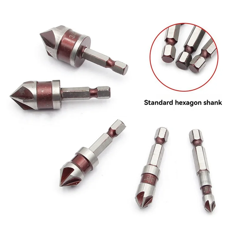 

A53Q-5 Flute Metal M35 Cobalt Countersink Drill Bit Set 82° 5Pcs 1/4In Hex Shank Countersunk Bit Set 1/4In 3/8In 1/2In 5/8In