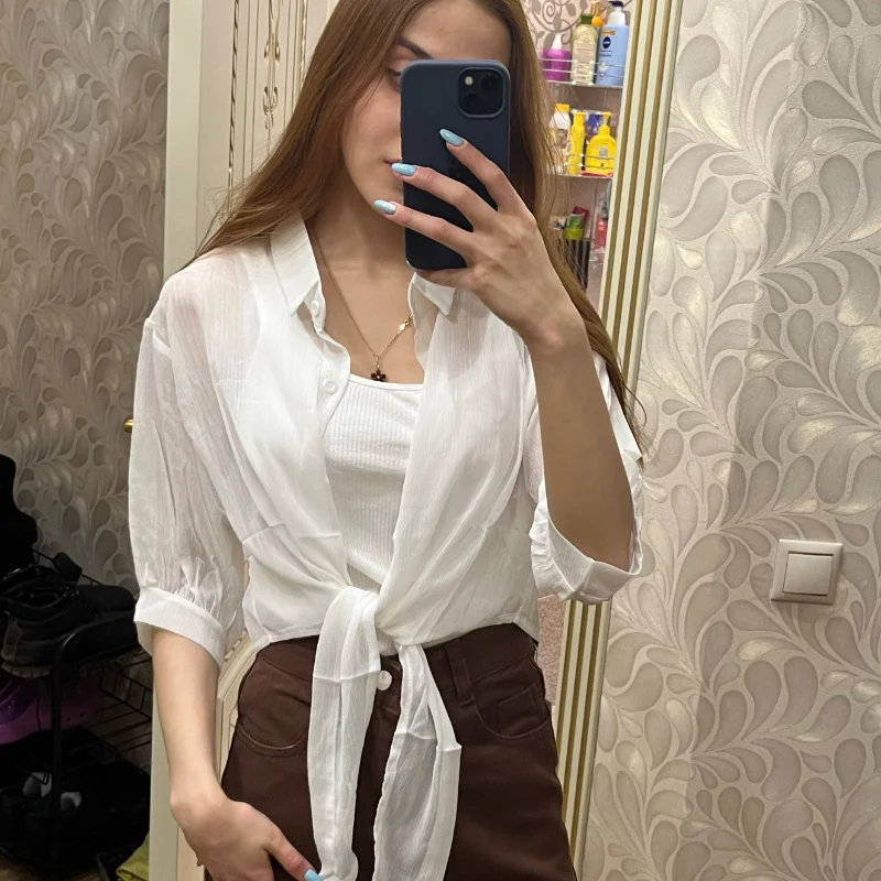 2023 Summer Half Sleeve Buttoned Up Shirt Loose Casual Blouse Chiffon Shirts Women Tied Waist Elegant Blouses for Women 9776