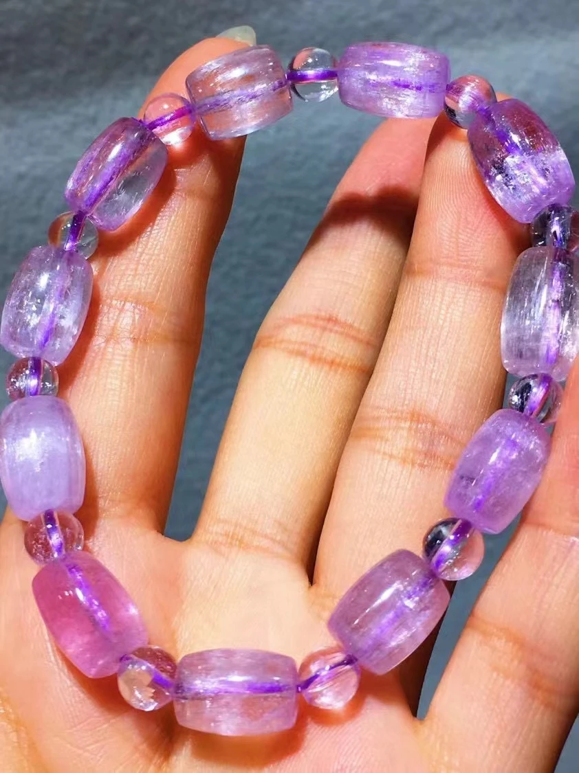 

Natural Purple Kunzite Quartz Bracelet 11.3x9.2mm Clear Barrel Beads Cat Eye Women Men Kunzite Rare Powerful Energy AAAAAA