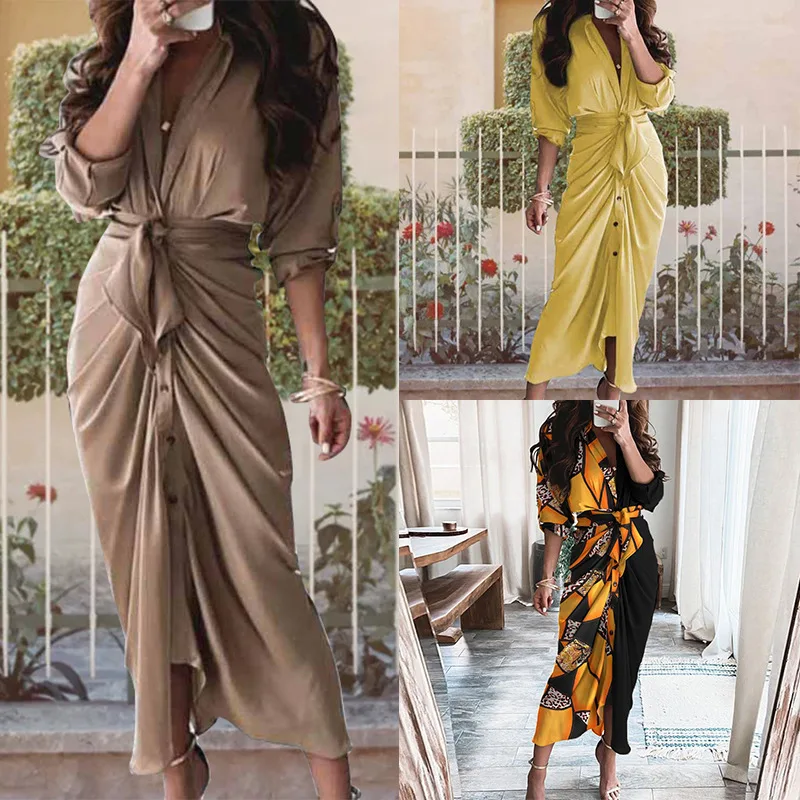 2026 Summer Fashion Women V Neck Print Tie Knot Casual Dress Dresses Spring Summer