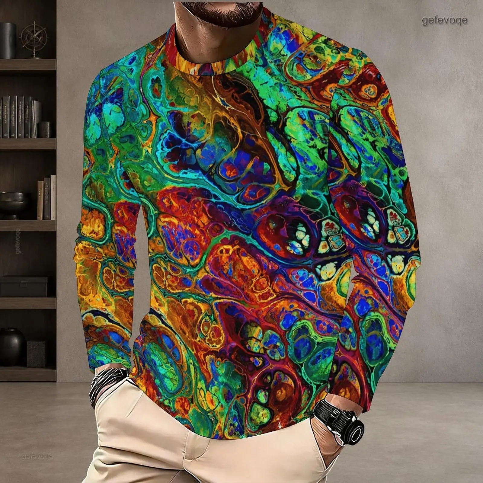 Men's All Over Multicolor Marble Swirl Print Round Neck Long Sleeve Pullover T-Shirt