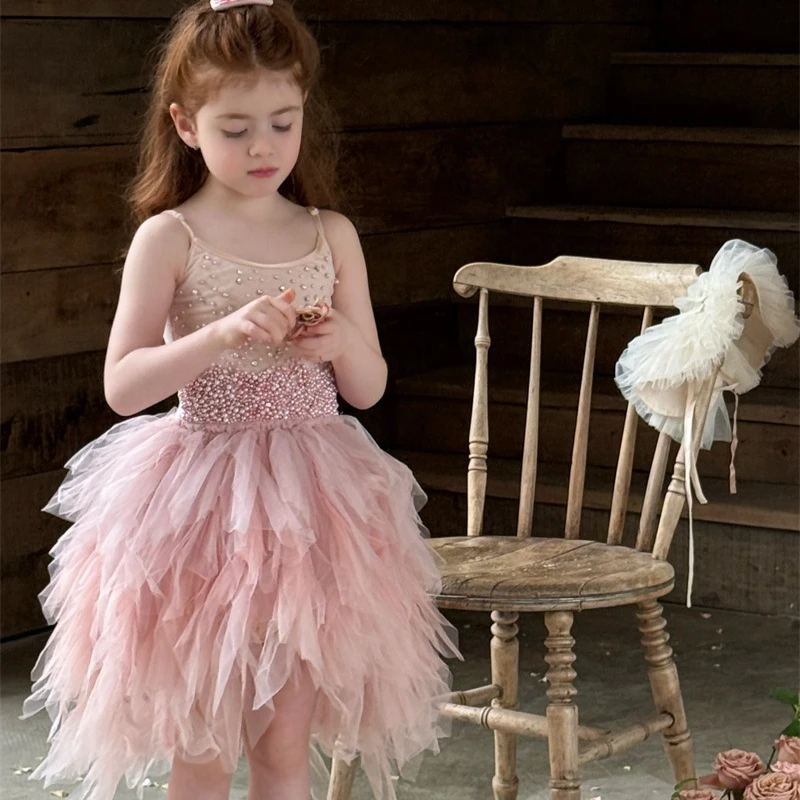 Girls Dress 2026 Spring and Summer New Childrens Clothes Korean Girl Baby Heavy Industrial Hand Sewn Pearl Suspender Gauze Skirt