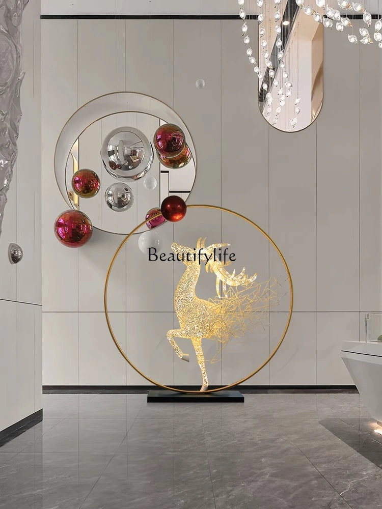 

Hotel lobby art installation metal sculpture hall stairs corridor lucky luminous deer floor ornament