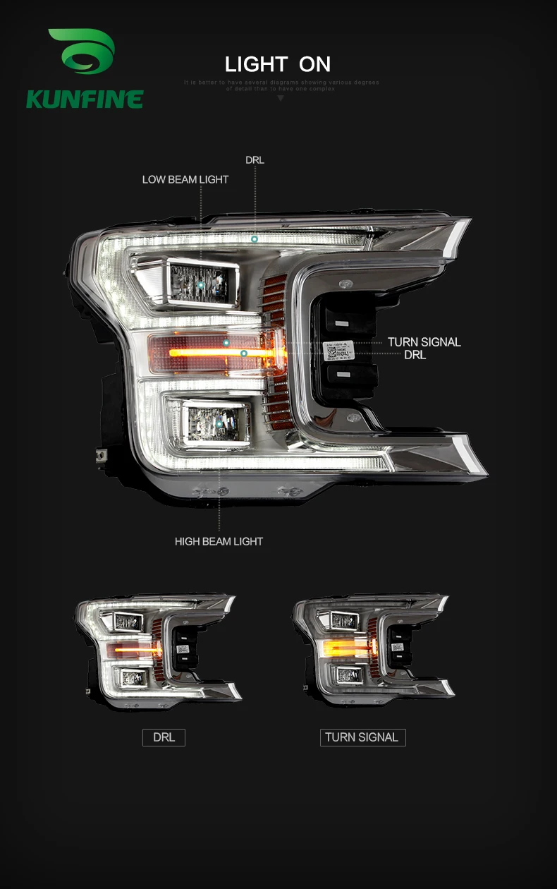 

KUNFINE Car Styling Car Headlight Assembly For Ford Raptor F150 2017-UP LED Head Lamp Car Tuning Light Parts Plug And Play