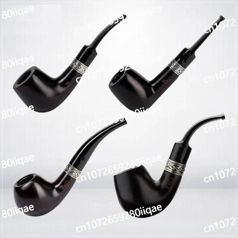 Black Ebony Wood 9mm Flue Filter Tobacco Pipe Men Bent Type Retro Carving Silver Ring Handmade Smoking Pipe Gift Pipe Accessory