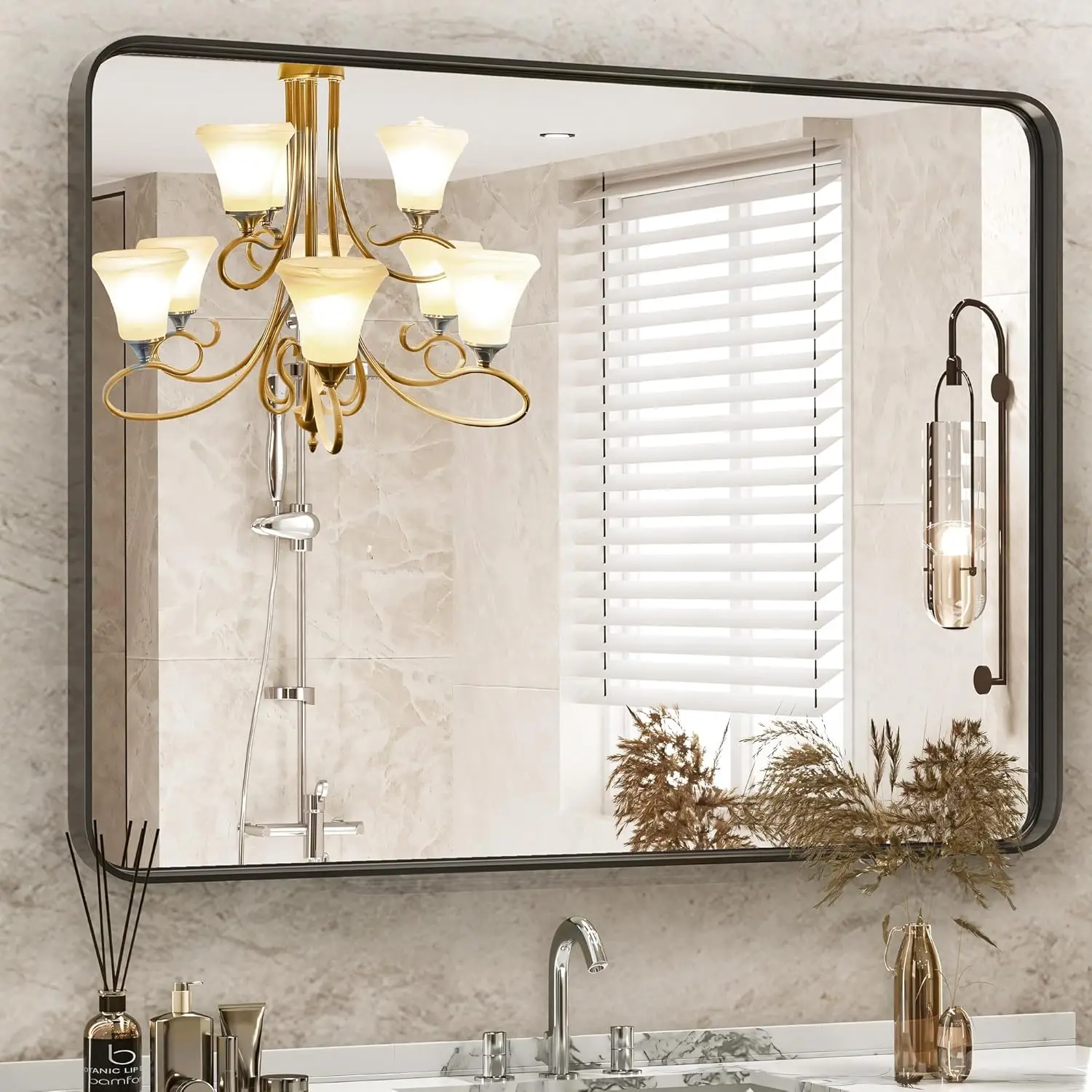 

Black Vanity Mirror. 30x40" Metal Frame. Rounded Rectangular. Modern. Farmhouse Style. Tempered Glass. Horizontal/Vertical Hang