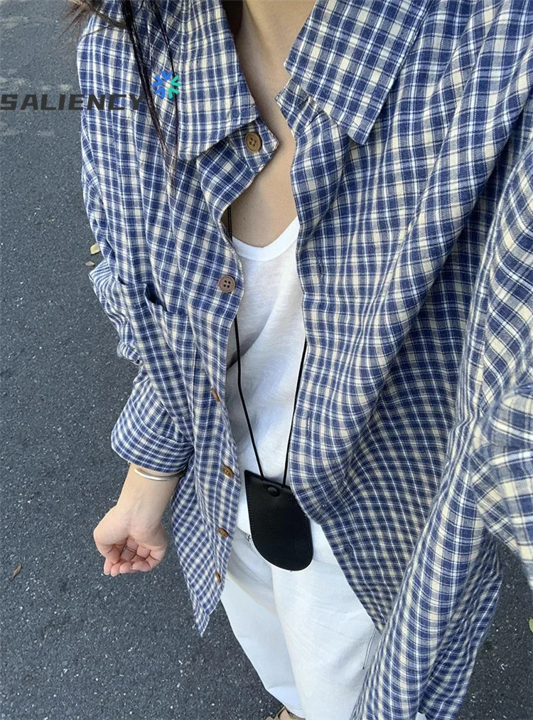 SALIENCY Korean Retro Long-sleeved Basic Versatile Plaid Shirt Female Fall Lazy Wind Shirt Loose Casual Stacked Cardigan Tops