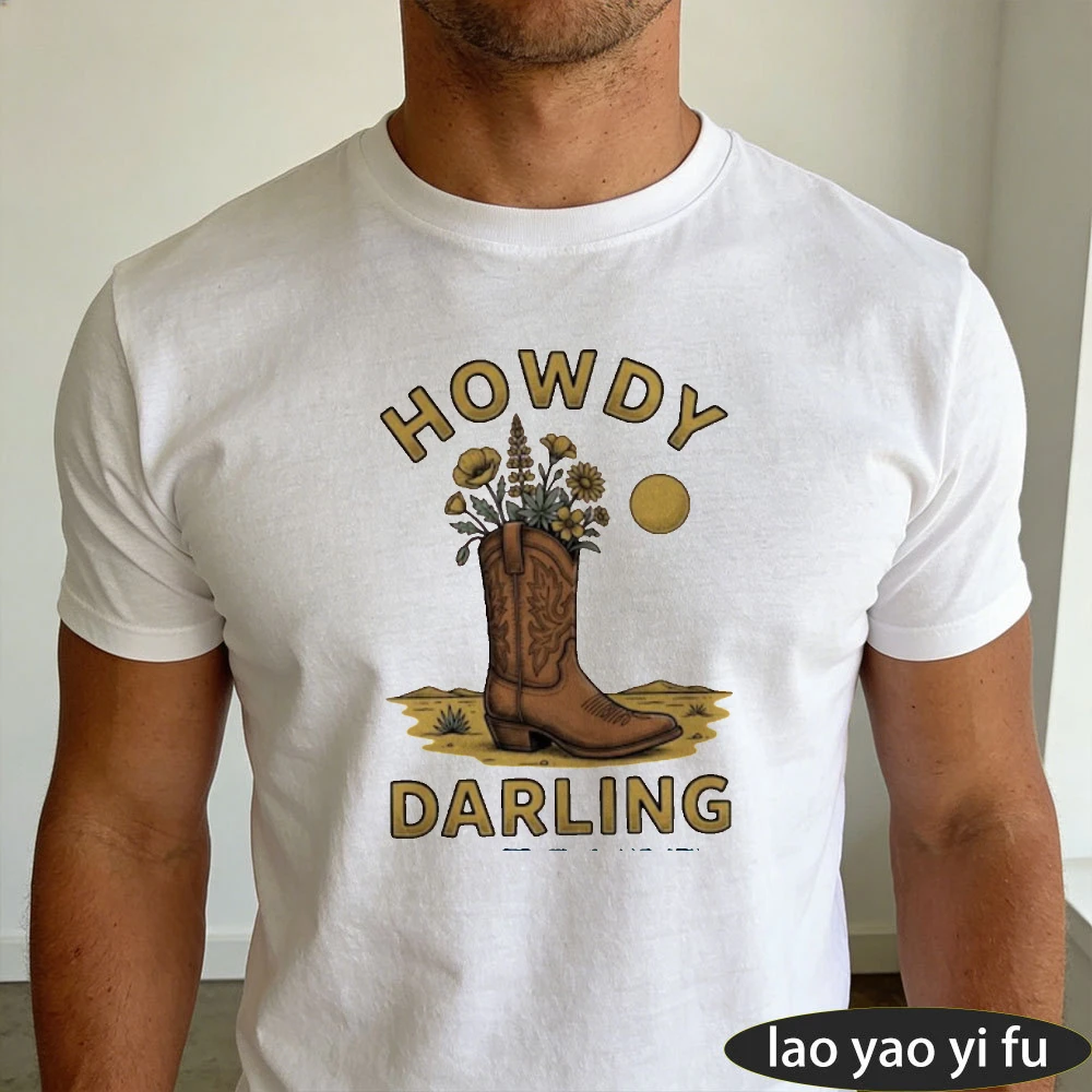 Camiseta de algodón de verano para hombre Howdy Darling con estampado floral del desierto y botas de vaquero, estilo vintage country, manga corta