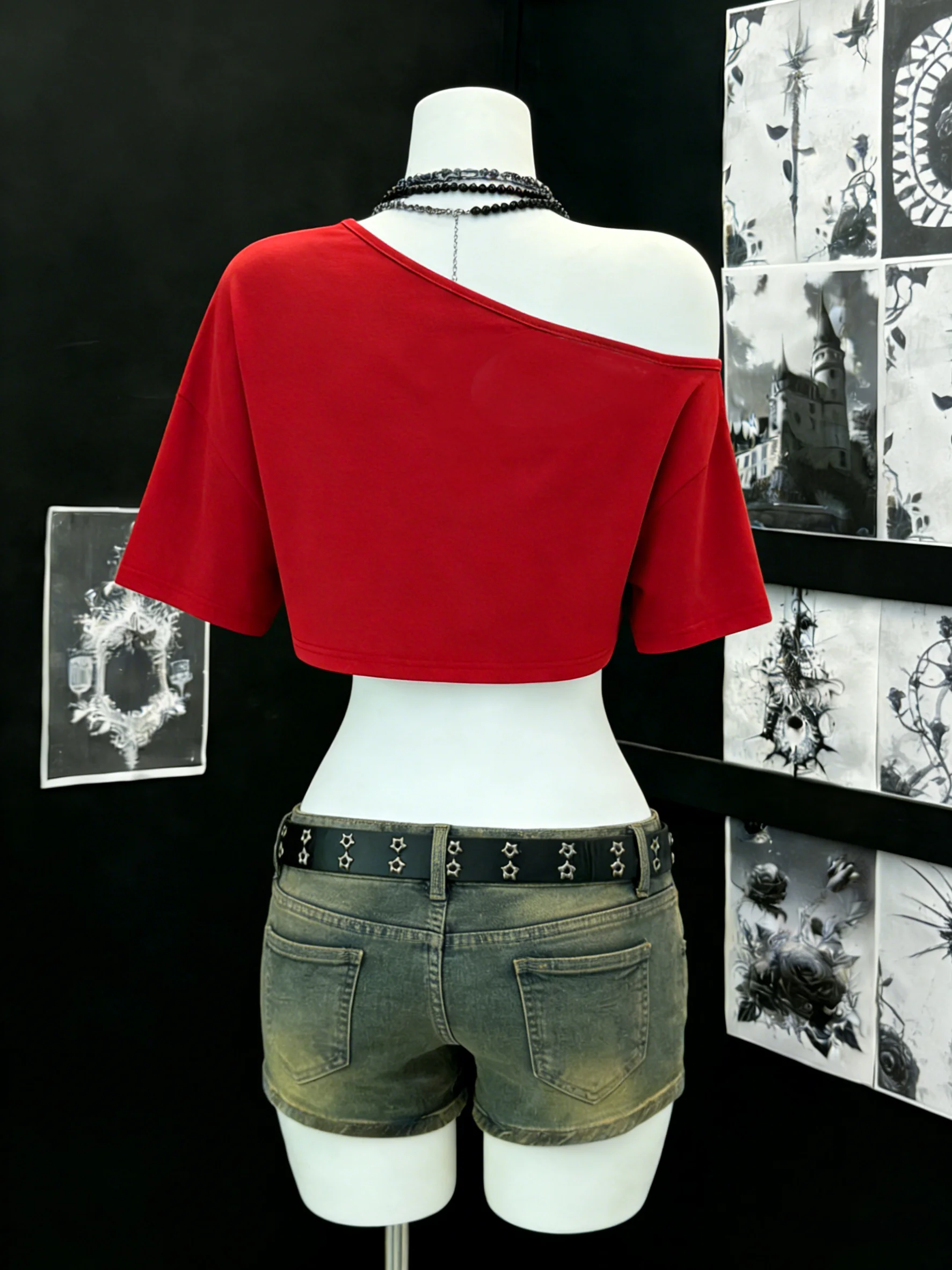 Damen One-Shoulder Kurzarm Crop-Top Asymmetrischer Ausschnitt Hochelastisches Weiches Leichtgewicht-Gewebe Locker Sitzend Y2K Alltag Ausgehzubehör – Detail 3