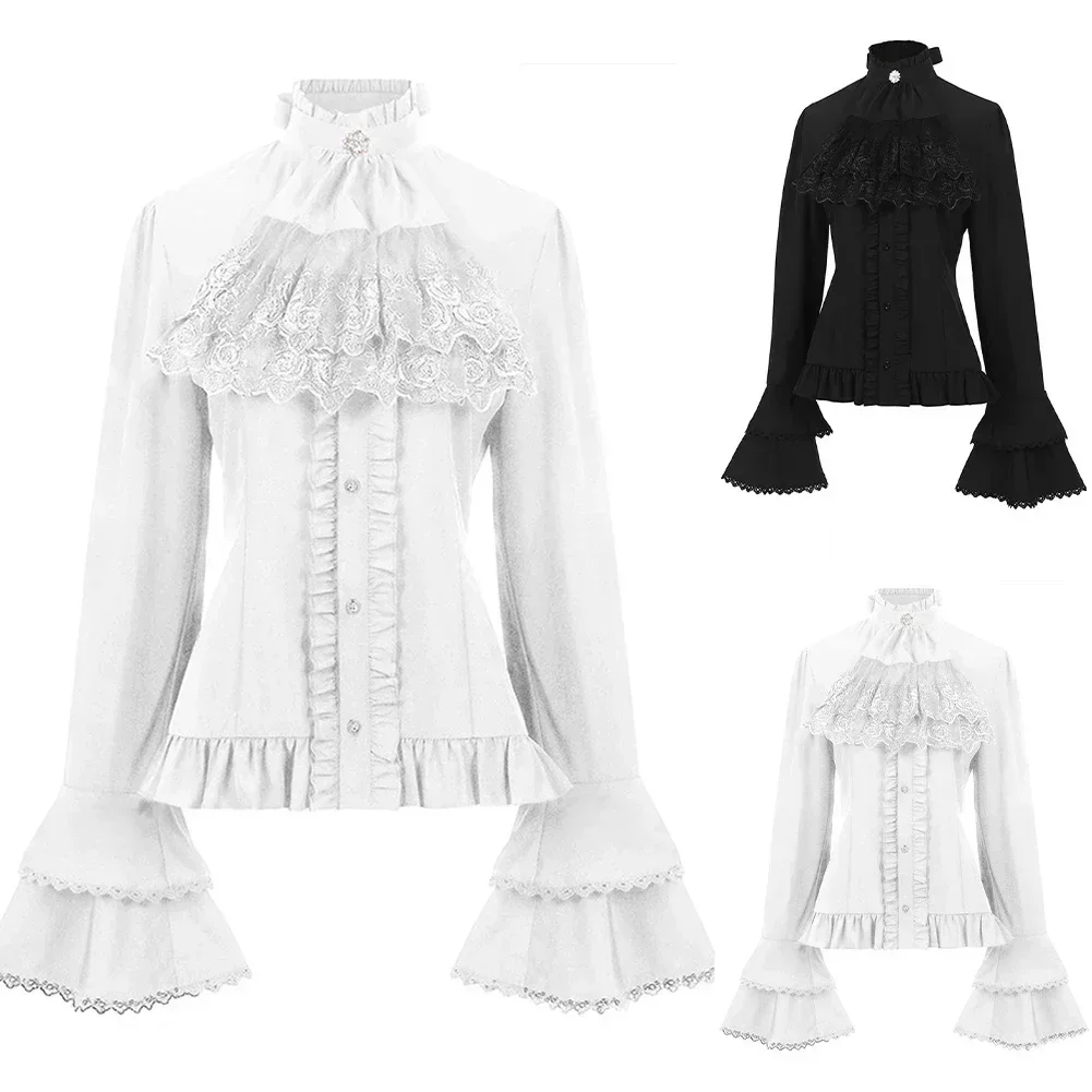 Vintage Design Women\'s Flare Sleeve Lace Ruffles Bandage Solid Shirt in Victorian Gothic Style and Vintage Design