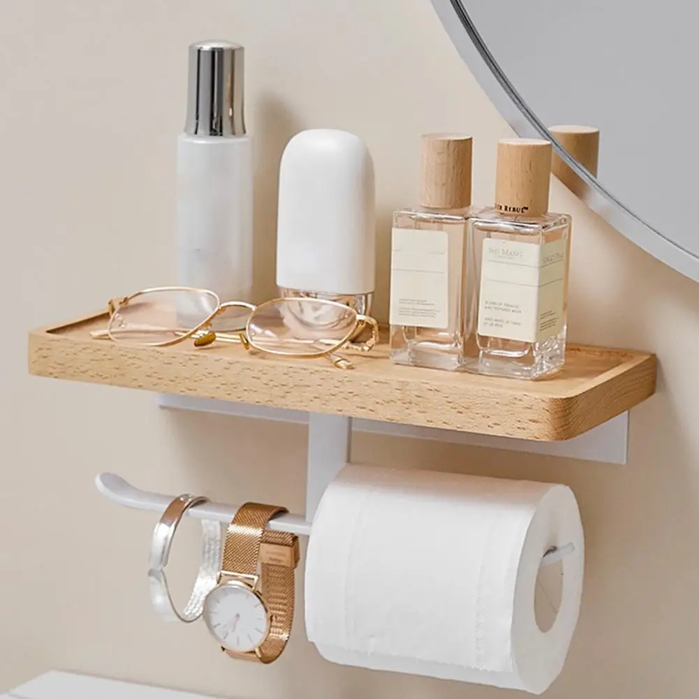 Tissue Stand Wooden Tissue Rack Waterproof Bathroom 2-in-1 Sundries Shelf Storage Toilet Paper Holder Space-saving