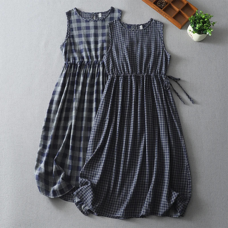 

Summer New Pure Cotton Double Layered round Ne Plaid Long Dr Artistic Waist Cinched Svel Dr High Waist Dstring