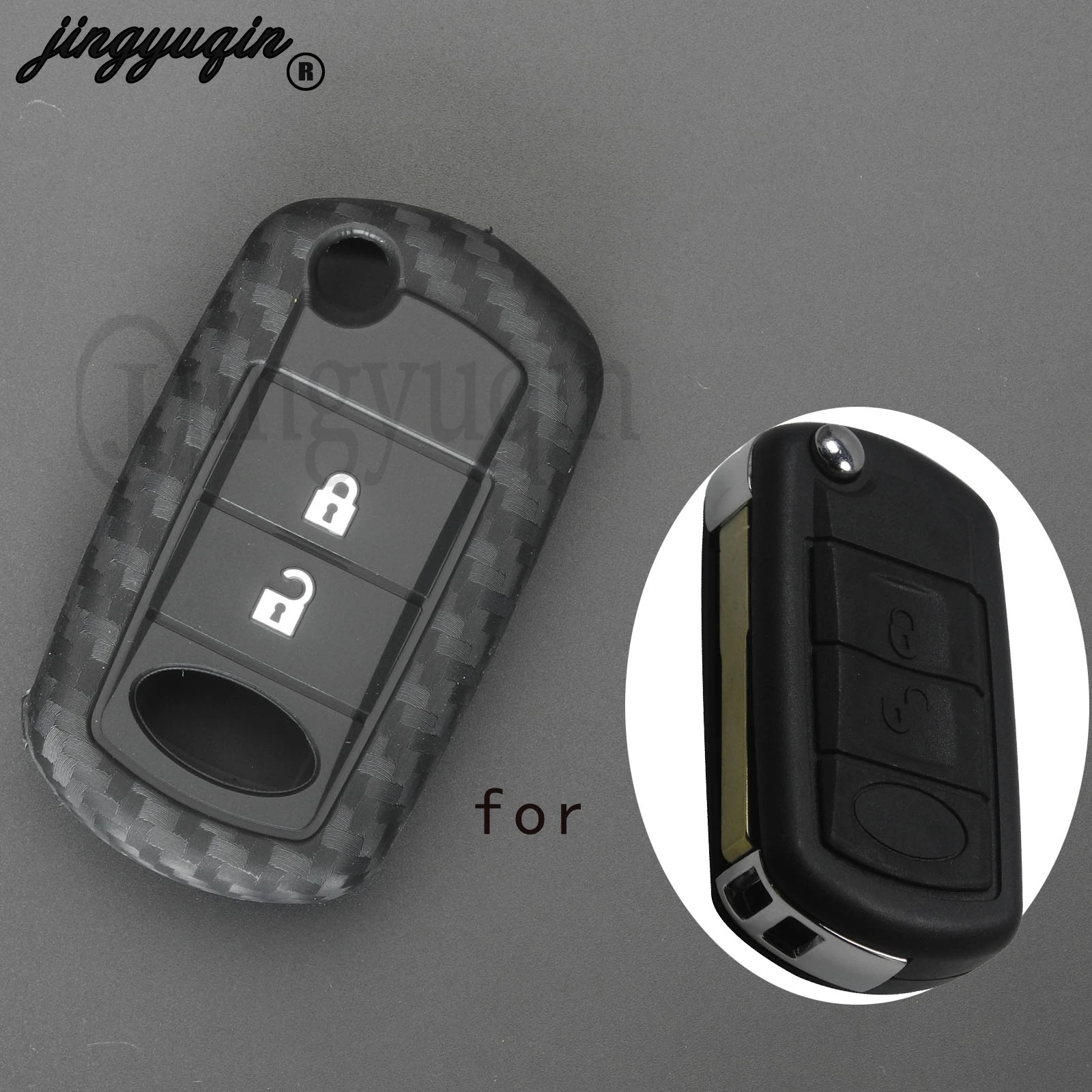 Jingyuqin Custodia per chiave per auto in silicone in fibra di carbonio Fob Cover per LAND ROVER Range Rover Sport LR3 Discovery protetta 3 pulsanti