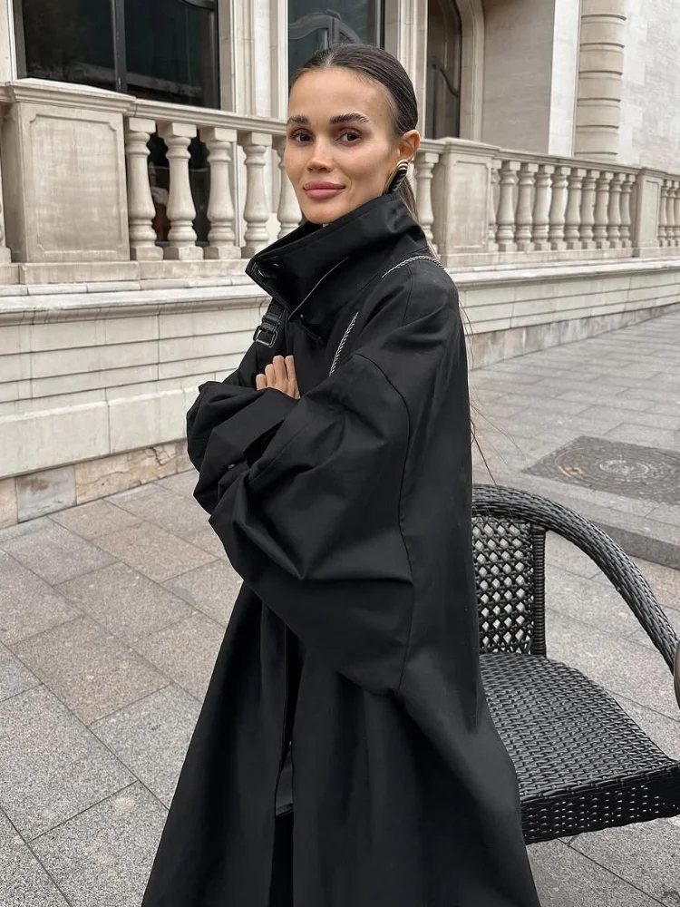 Black Stand Collar Trench Coat Women Casual Long Sleeve Single