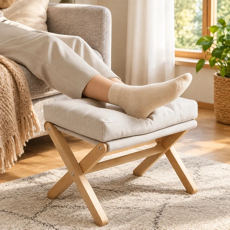 Portable Wooden Footstool with Plush Cotton Padding, Ideal for Living Room and Entryway Seating