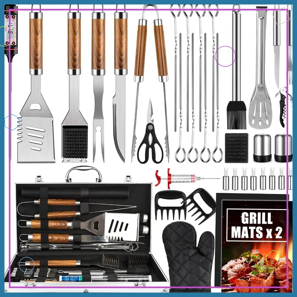 

38Pcs Stainless Steel BBQ Grill Tools Set with Aluminum Case, Thermometer & Grill Mats for Camping/Backyard Barbecue