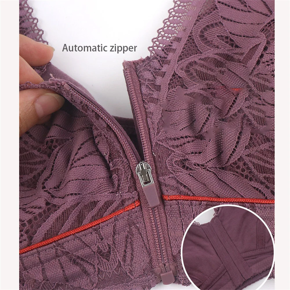 Silicone Breast Implant Protection Bra Front Zipper Middle-aged Elderly Underwear Women Bralette Vest Lace Large Size Bra