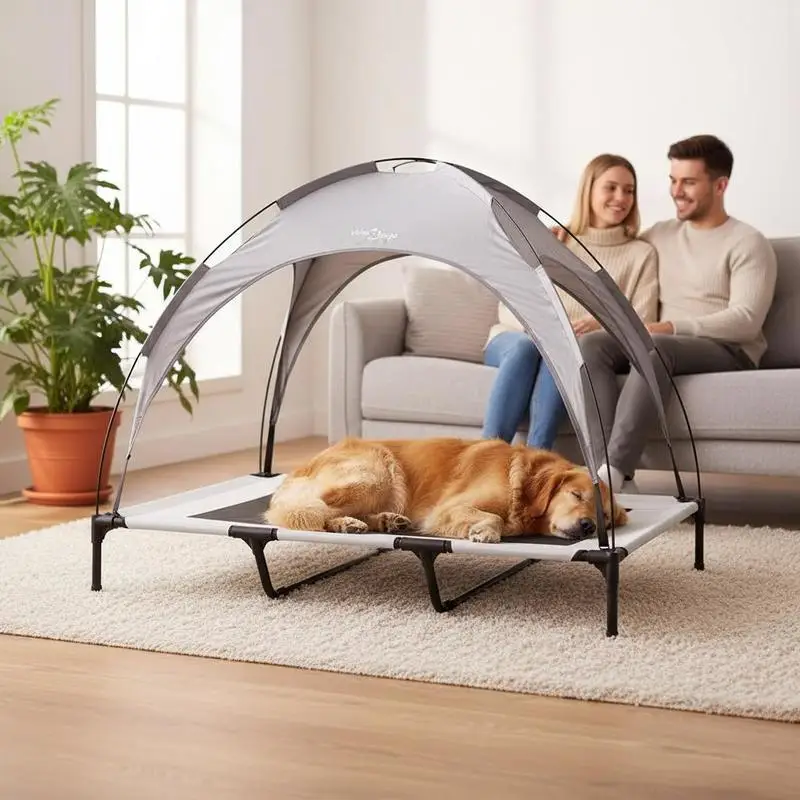 Tumbona pour chiens avec toit amovible : lit surélevé pour chiens d'extérieur en tissu Oxford respirant et acier avec revêtement en poudre