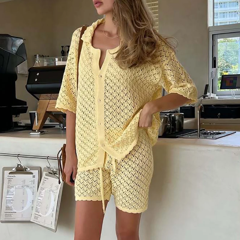

Summer Vacation Casual Loose Beach Outfits Simple Lapel Button Shirts&Shorts Sets Fashion Hollow Out Solid Color Knitted 2 Piece