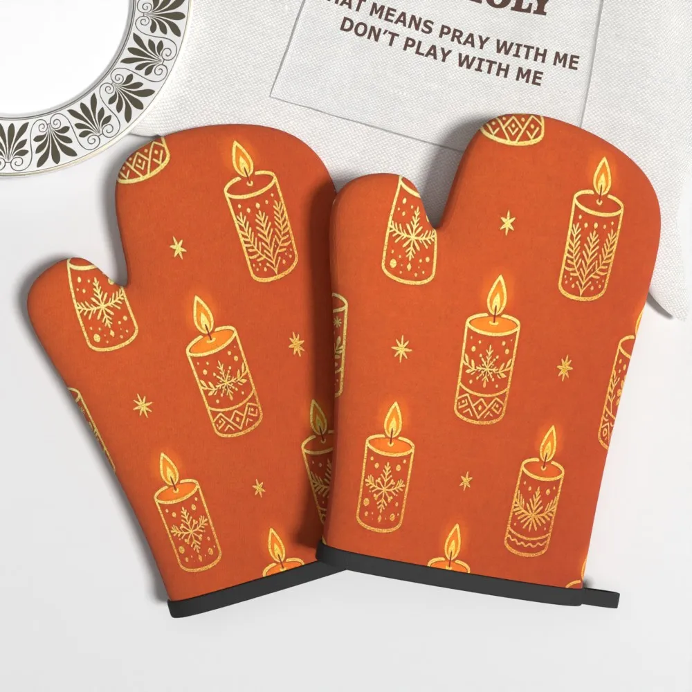 2pcs Set 10.6 X 6.7 Inch Kitchen Oven Mitts, Christmas Orange Candle Wick Snowflake Pattern with Candle, Snowflake