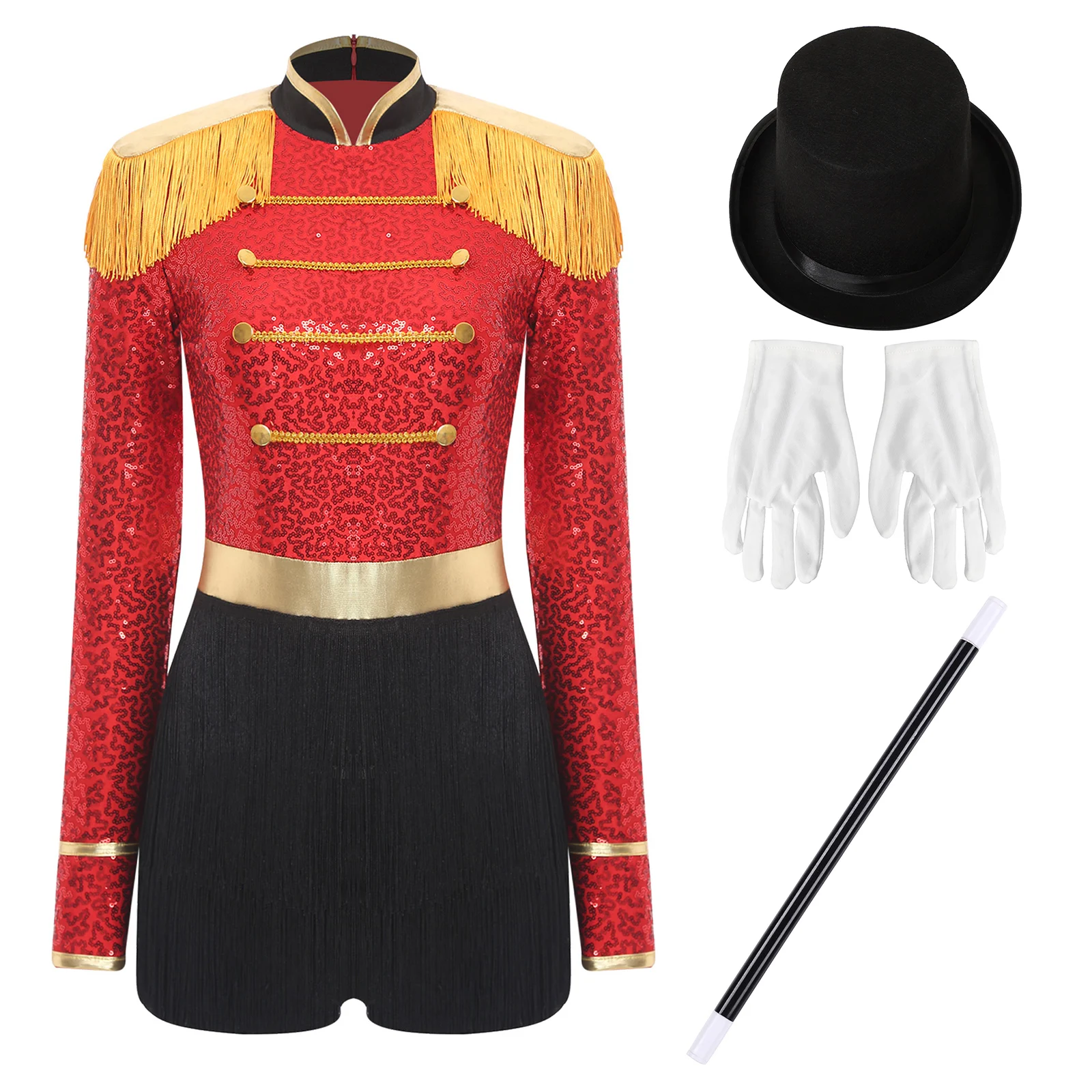 بدلة نسائية ساحرة السيرك Ringmaster Majorette التأثيرية فستان شرابة متدرج هامش مع قفازات وقبعة وعصا #3