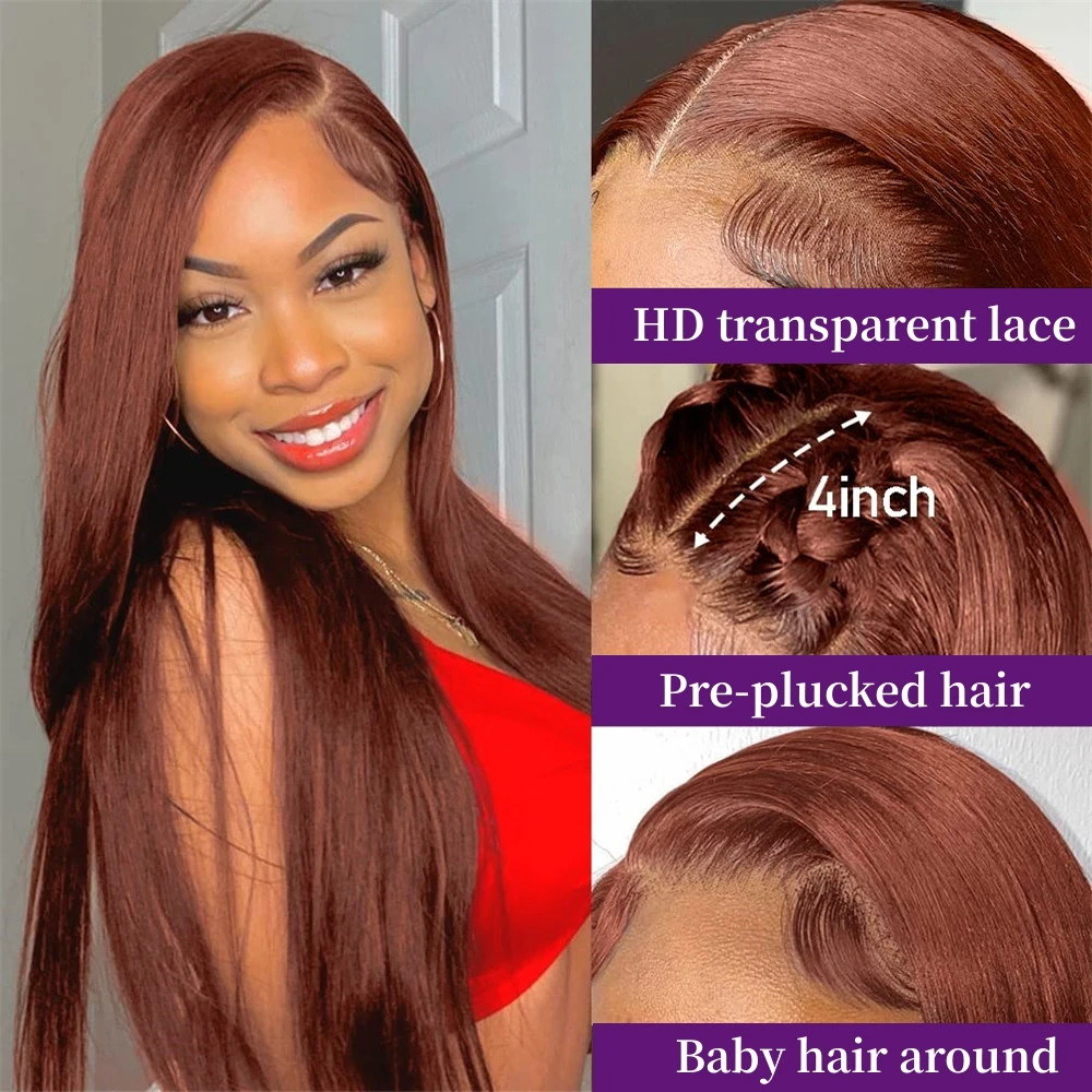 Reddish Brown Lace Frontal Wig Straight Transparent 13x4 13x6 Lace Front Human Hair Wigs PrePlucked Bone Straight Human Hair Wig