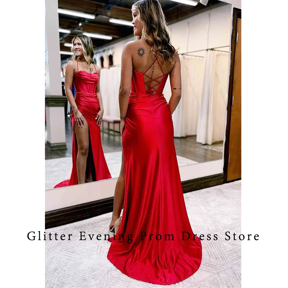 2024 Red Sexy Prom Dresses For Women Mermaid Sweetheart Slide Split Pleat Backless Satin Custom Made Birthday Evening Party Grow