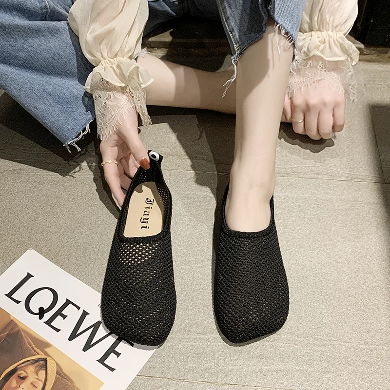 2022 Women\'s Flat Shoes Breathable Mesh Women Shoes Summer Square Head Women Shoes Large Size Shoes Female