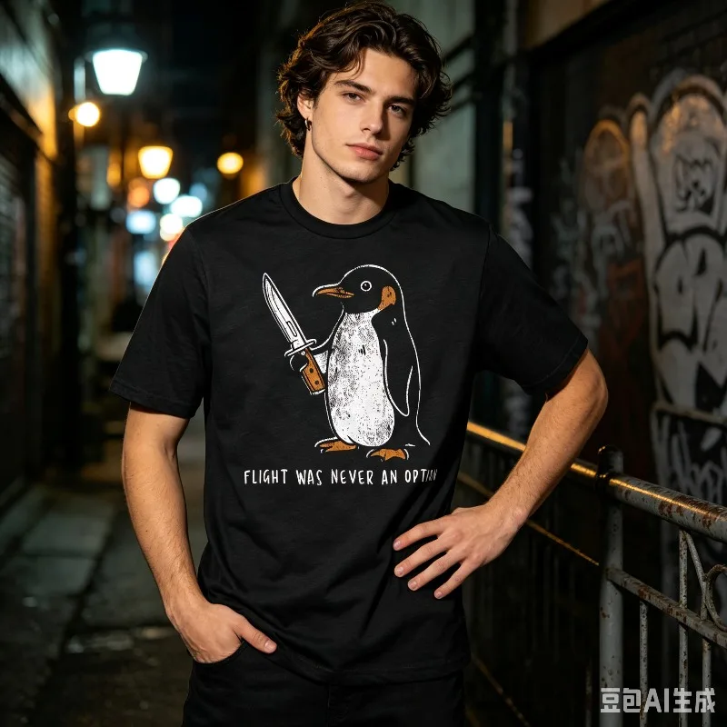 FLIGHT WAS NEVER AN OPTION Men’s Funny Penguin Knife Graphic T-Shirt Soft Modal Casual Tee for Gift