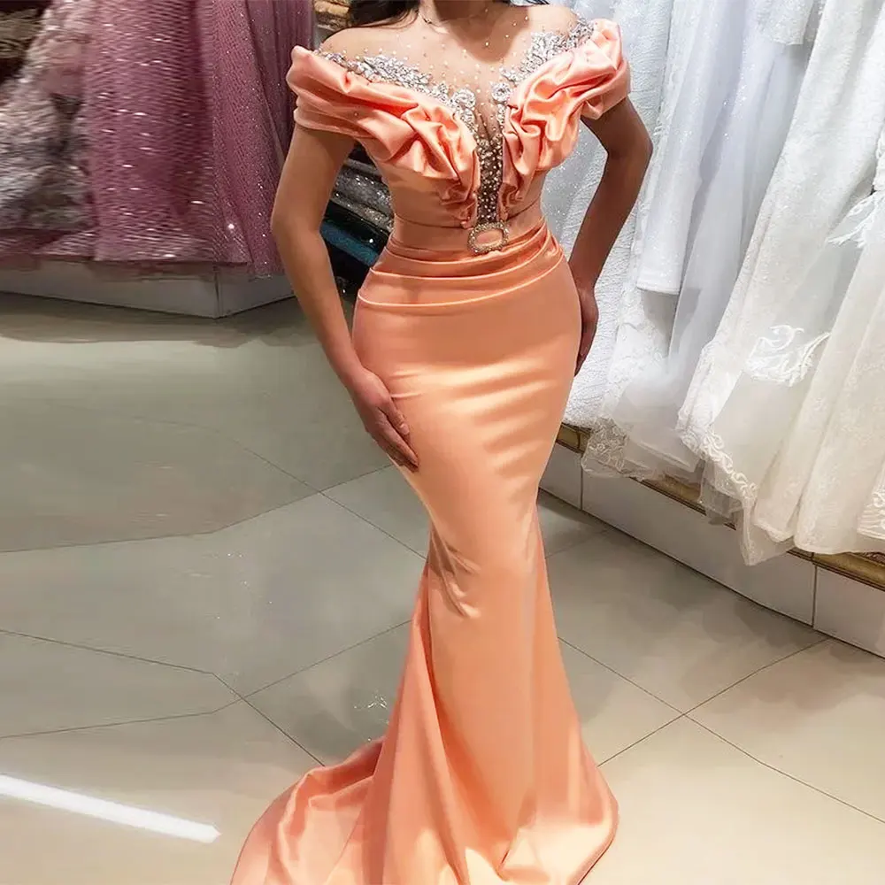 Vestidos de Noche de cuello transparente árabe para mujer, vestidos de graduación de sirena de satén con cuentas de cristales, vestidos de fiesta formales de segunda recepción para novias