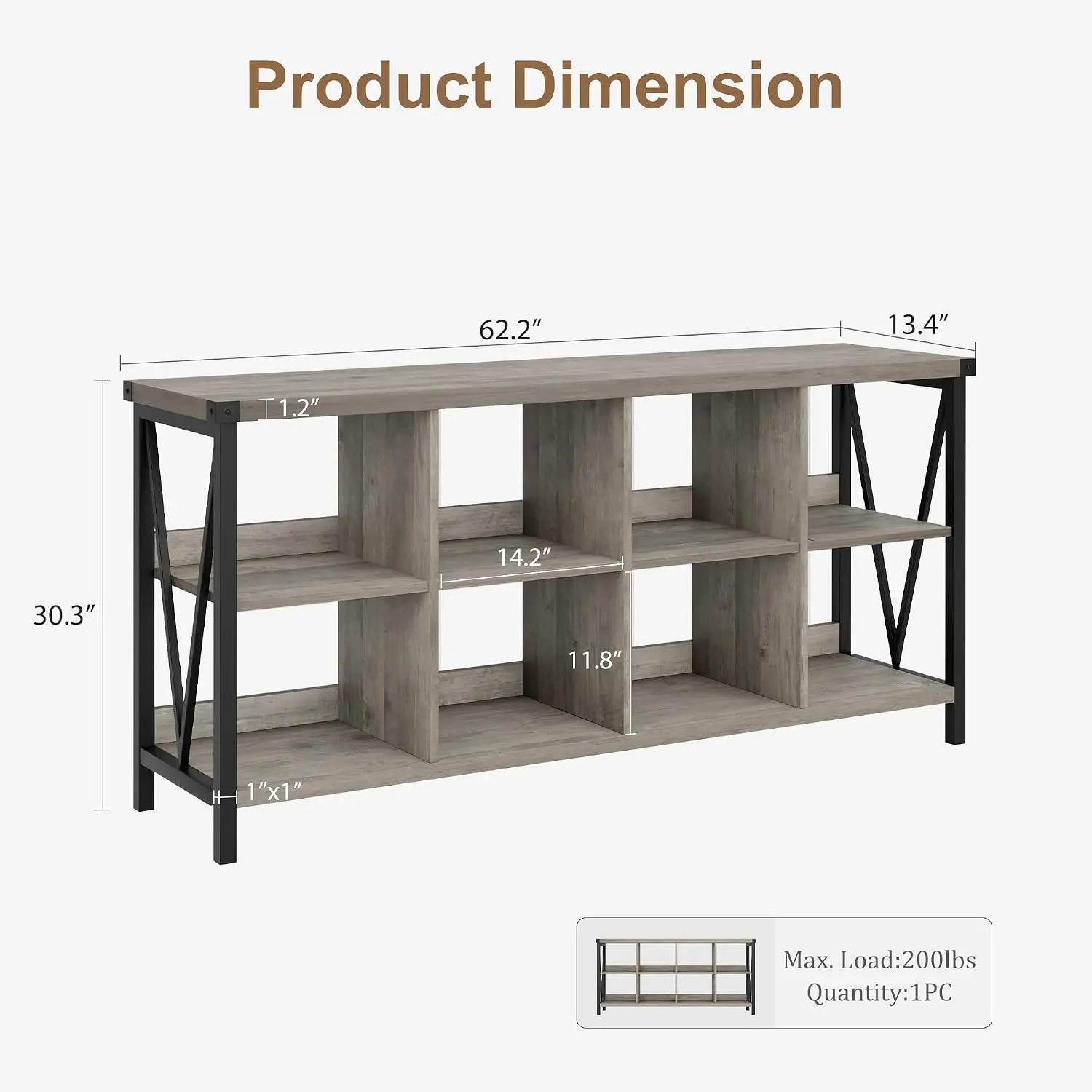 3 Tier 8 Cube Metal Horizontal Bookcase, 62 Inch Industrial Entryway Long Low Storage Shelf For Living Room, Customized