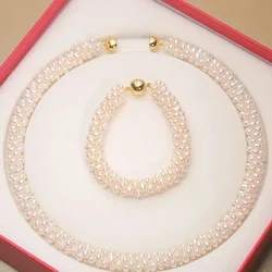 100% Natural Freshwater Pearl Sweater chain bracelet  hand-woven Necklace Bracelet Sets 14K gold filled magnetic buckle 45cm NC