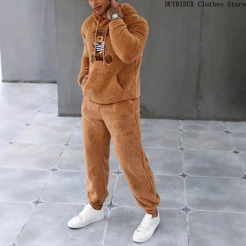 Personalized Fashion Bear Hoodie Pants Set  Autumn & Winter Thickened Warm Men's Hoodie Set Comfortable and & Home Wear Two Suit