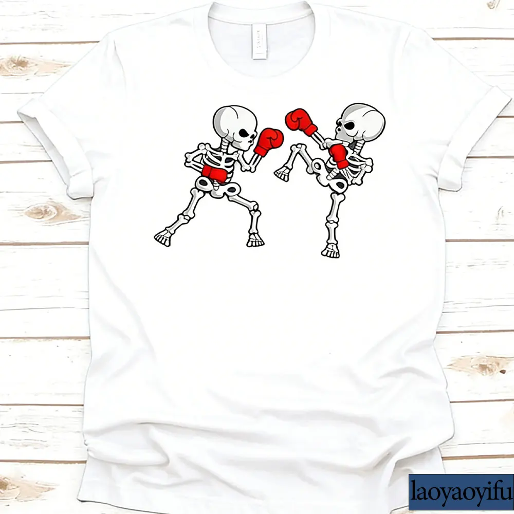 Skeleton Kickboxers Cotton Shirt Gift for Kickboxers Combat Sports Martial Artists T-Shirt Kicking Graphic Funny Skeleton Design