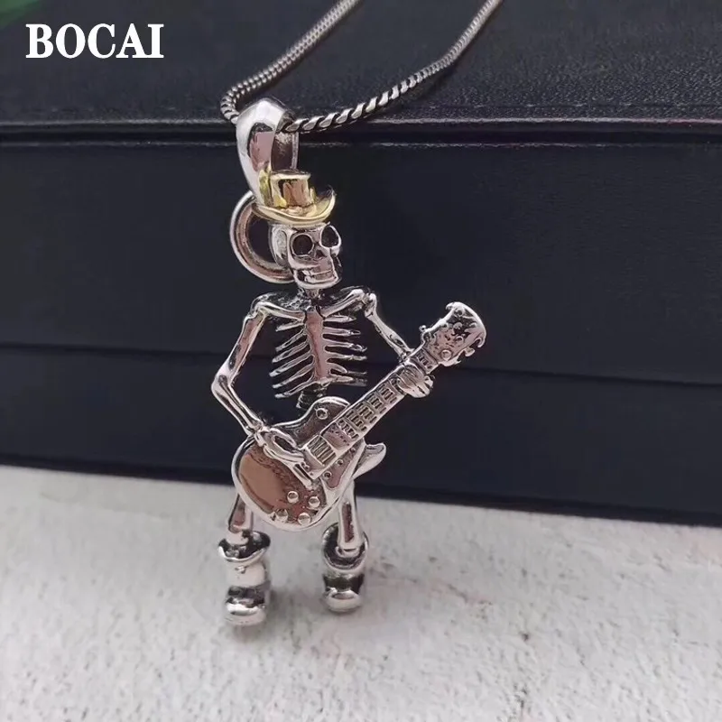 

BOCAI New 100% Pure S925 Silver Jewelry Thailand Retro Domineering Punk Style Skull Guitar Fashion Trend Men Pendant