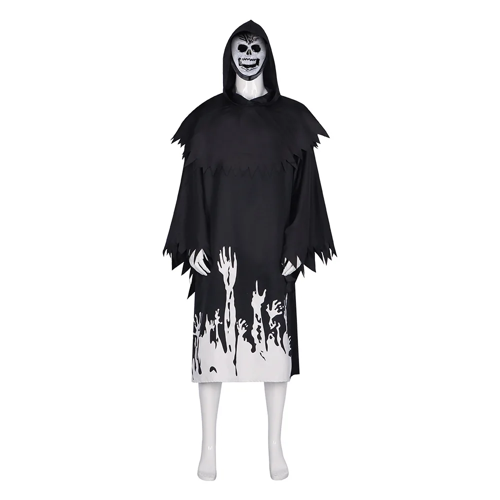 Halloween Cosplay Children Adult Death Zombie Horror Hoodies Black Cloak Skull Skeleton Costume Prop Set Gloves Fluorescence