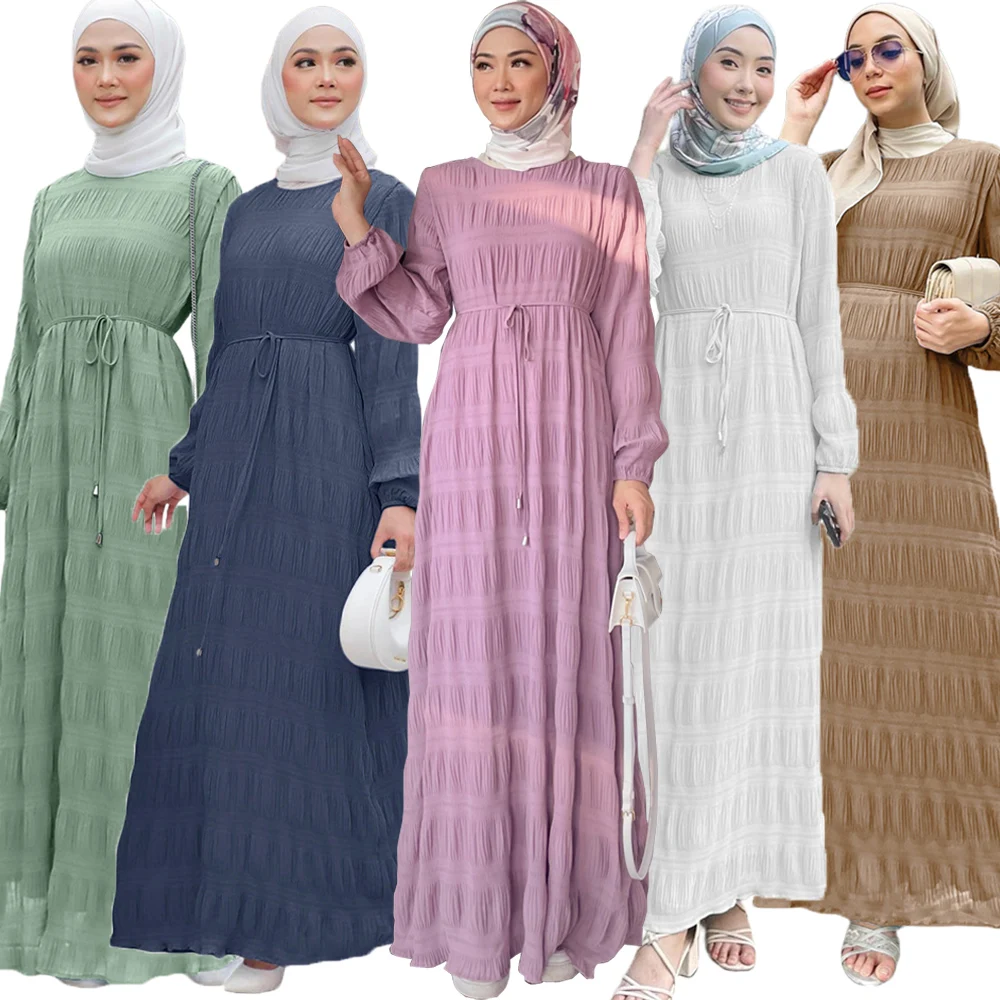 Elegant Women Muslim Pleated Chiffon Abaya Long Sleeve Maxi Dress Turkey Arab Kaftan Party Eid Jalabiya Caftan Vestidos Clothing