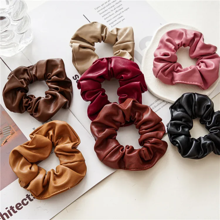 2023 Fashion Leather Scrunchies Solid Red Rubber Bands for Women Girls Korean Elastic Hair Bands Ponytail Hold Hair Accessories