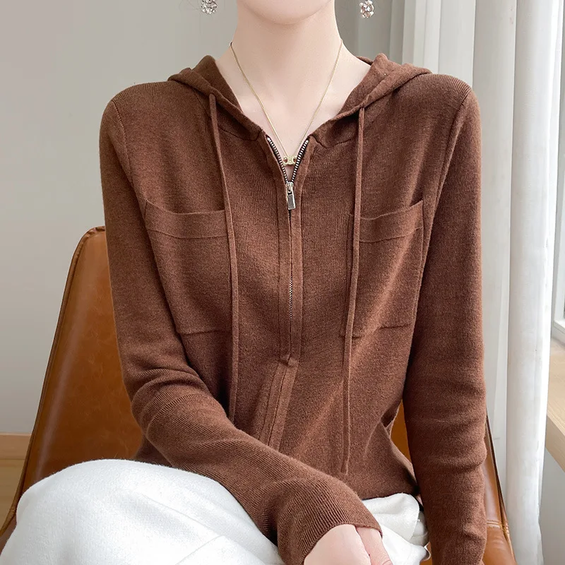 2024 Autumn and Winter New Dropshipping Worsted Wool Special-Interest Design Hooded Drawstring Cardigan Western Style