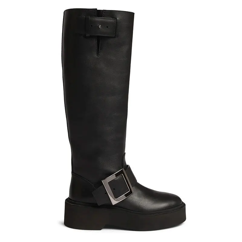 

Large Tube Buckle Round Toe Long Boots Platform Soft Leather Buckle Knee-High Botines Metal Flat Knight Botas Femininas