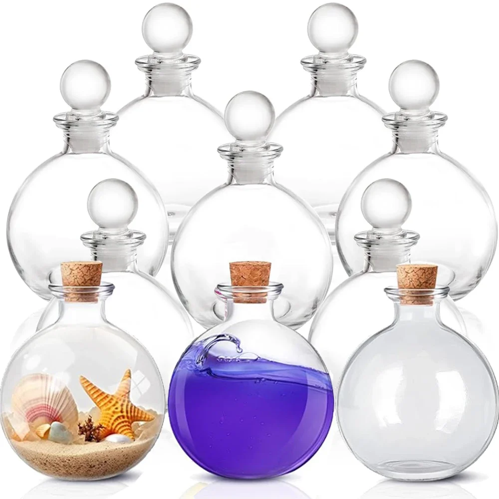 Glass Potion Bottles with Cork Clear Round Sand Art Bottles Witch Potion Jars Glass Sphere Jars for Household Dry Food Storage