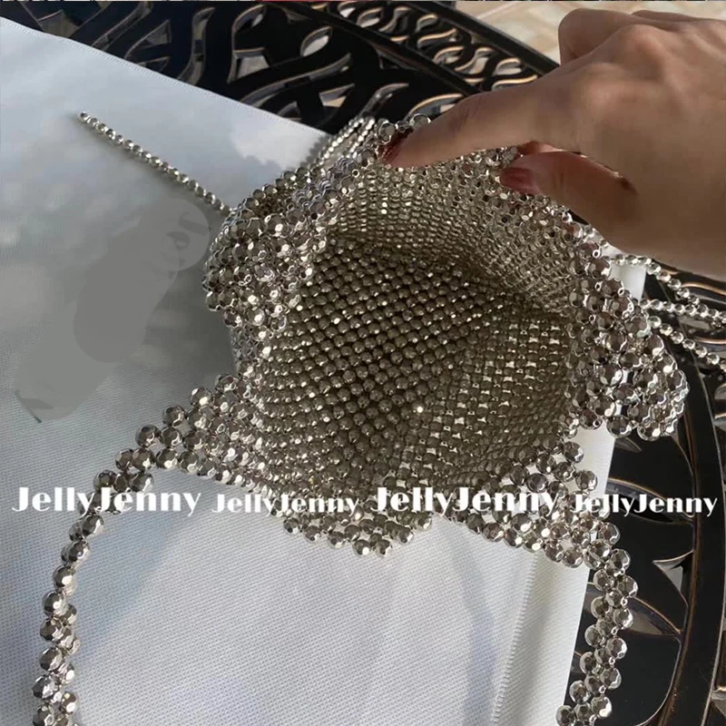 Luxury Designer Crsytal Beaded Bag Women\'s Handbag Bling Shiny Evening Dinner Party Lady Clutch Purse 2023 Silver Tassel Design